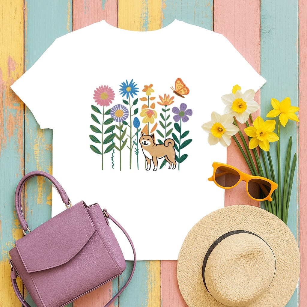 Floral Garden Dog and Butterfly Design T-Shirt product type