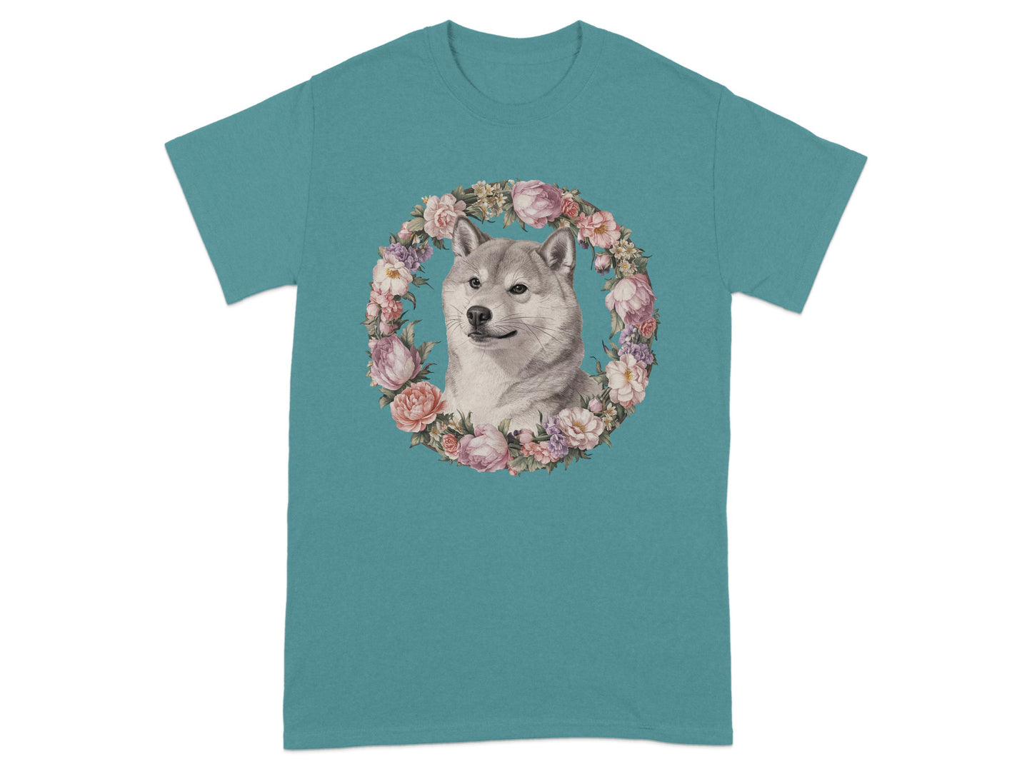 Husky Dog Surrounded by Flower Wreath Graphic T-Shirt product type