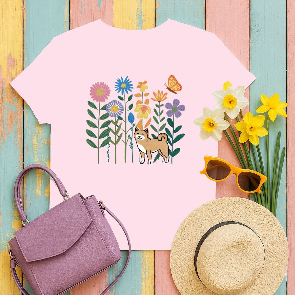 Cute Dog and Colorful Flowers Artwork on T-Shirt Product