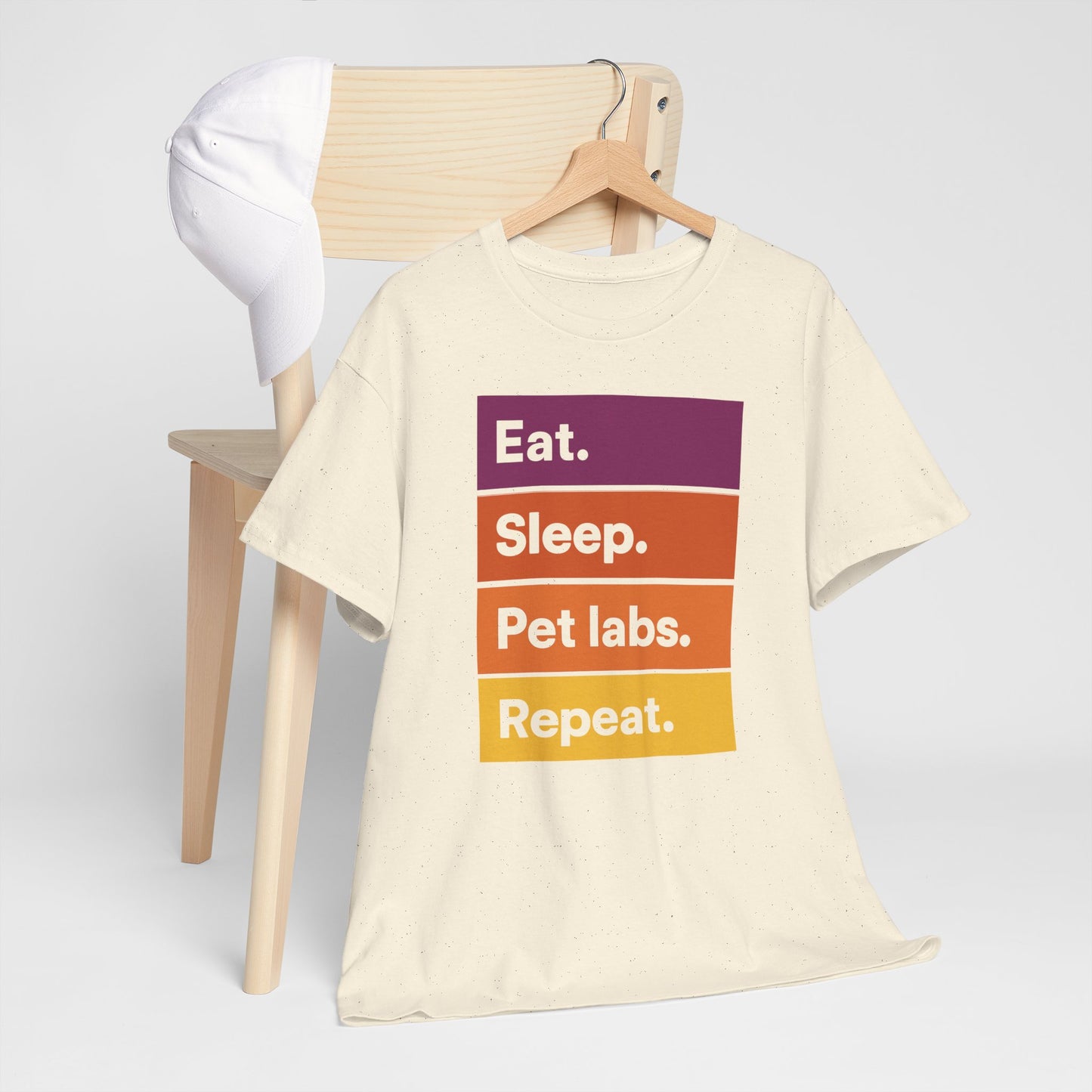 Color Block Unisex T-Shirt with Retro Sunset Colors and 'Eat Sleep Pet Labs Repeat' Text