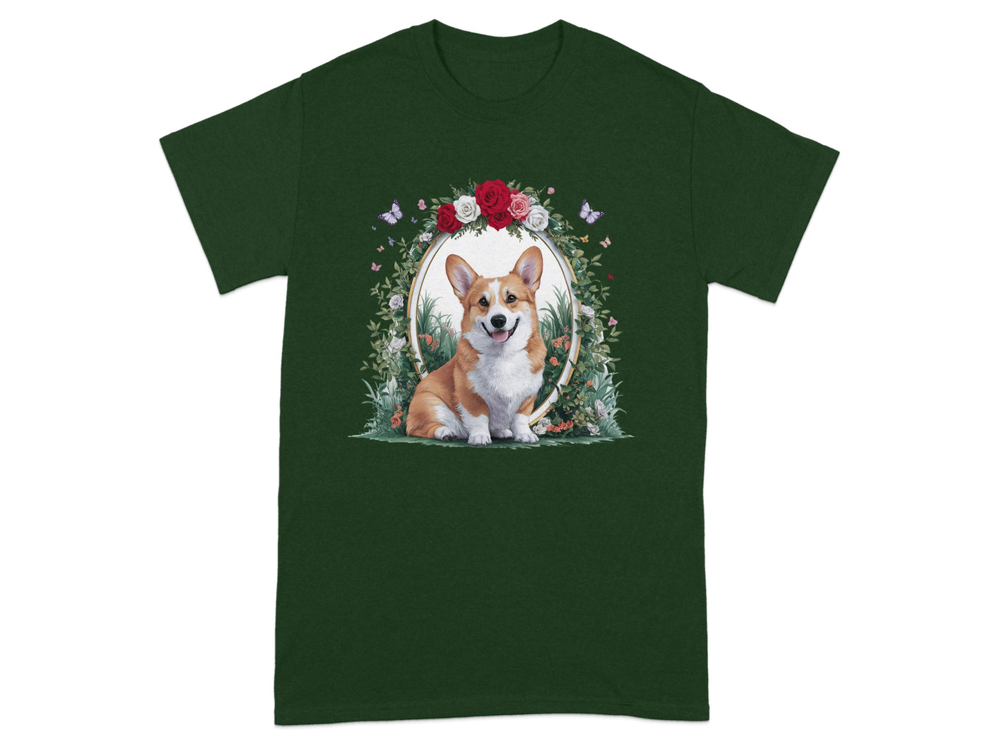 Adorable Corgi Dog Floral Design Green T Shirt product type
