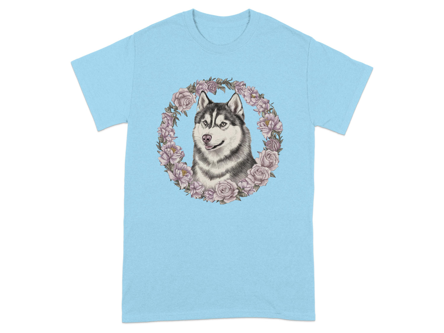 Husky surrounded by floral frame blue t-shirt product type
