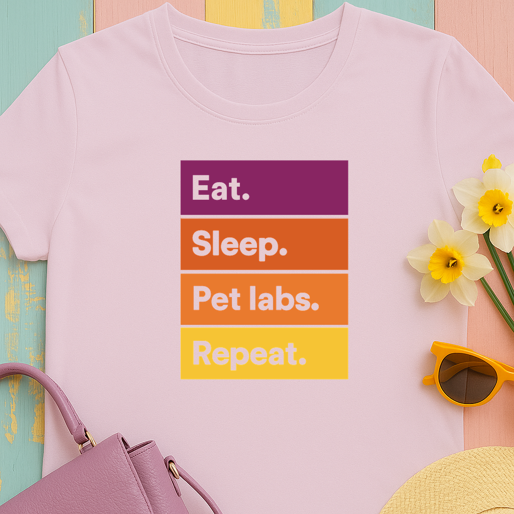 Color Block Unisex T-Shirt with Retro Sunset Colors and 'Eat Sleep Pet Labs Repeat' Text