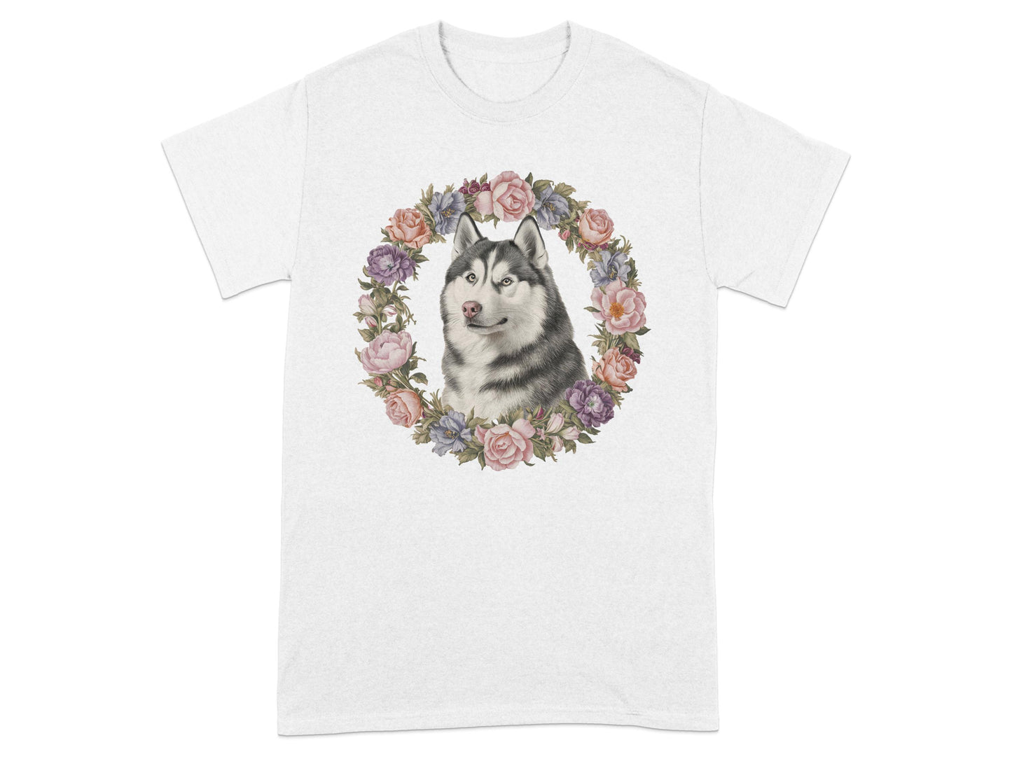 Husky Dog Surrounded by Floral Wreath T-Shirt product