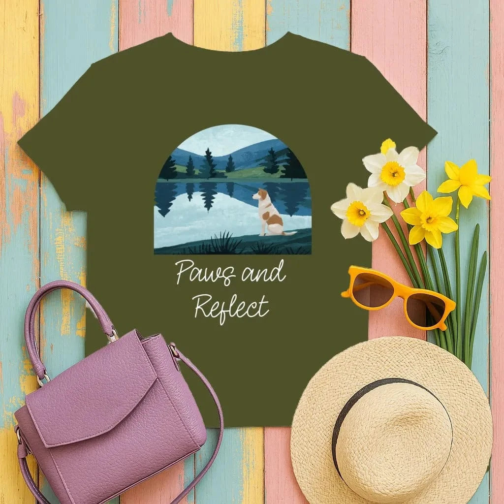 Dog Lake View Landscape Art Nature Lover Graphic T-Shirt Military Green T-shirt