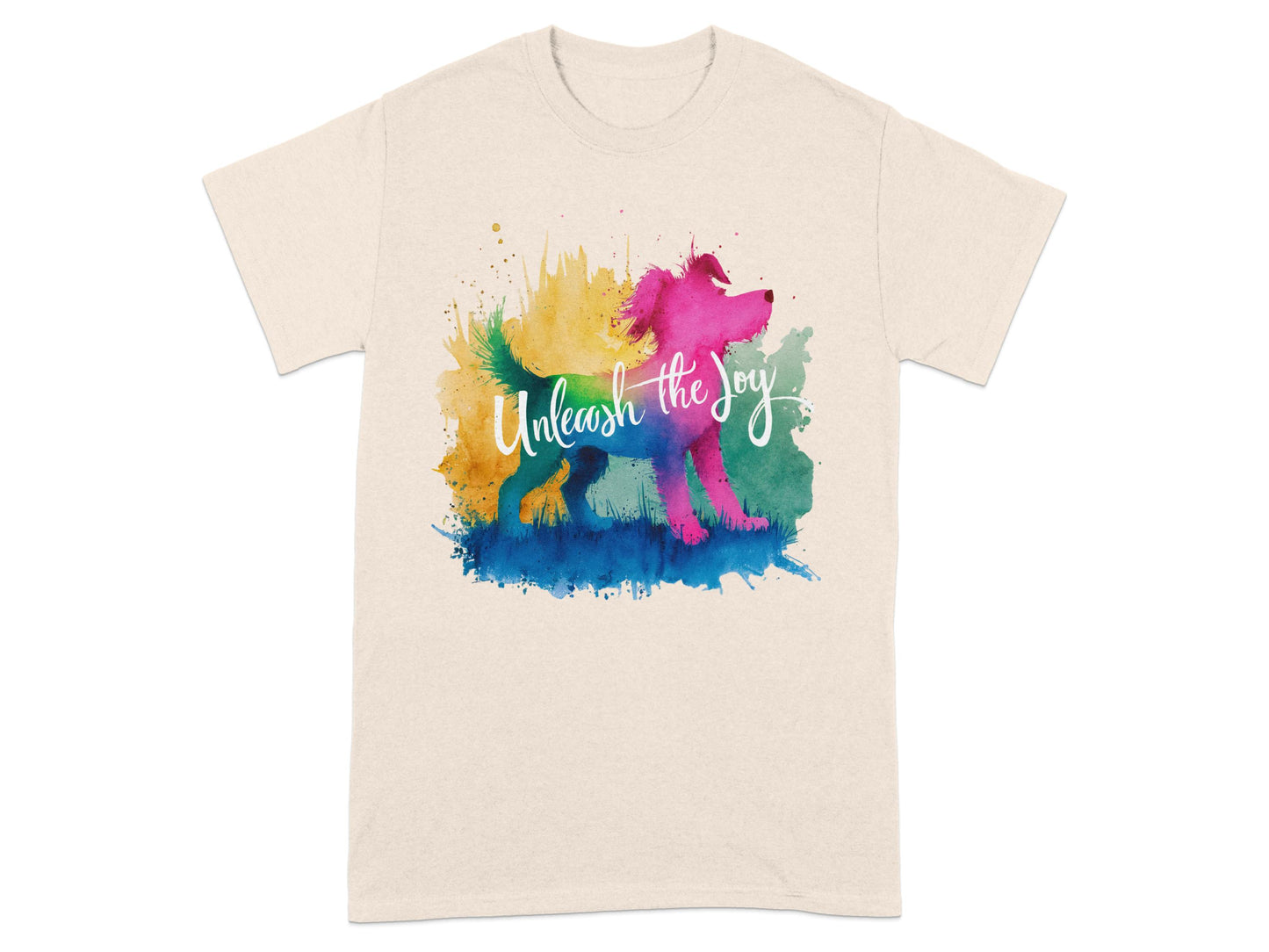 Unleash the joy colorful dog graphic t-shirt product type