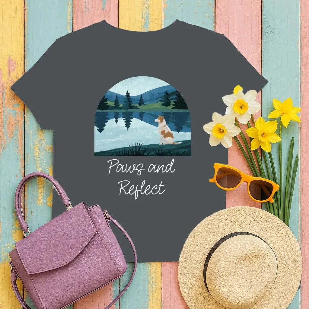 Dog Lake View Landscape Art Nature Lover Graphic T-Shirt Charcoal T-shirt