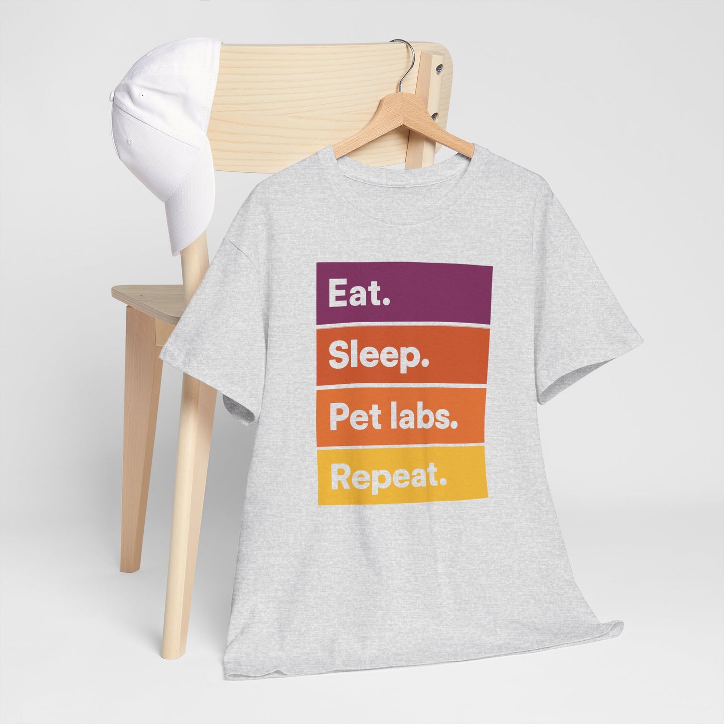 Color Block Unisex T-Shirt with Retro Sunset Colors and 'Eat Sleep Pet Labs Repeat' Text