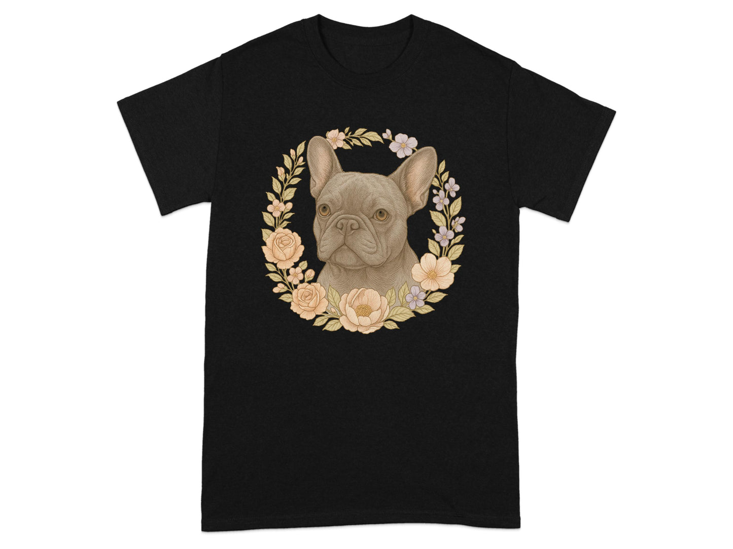Adorable French Bulldog Floral Wreath Design T-Shirt Product