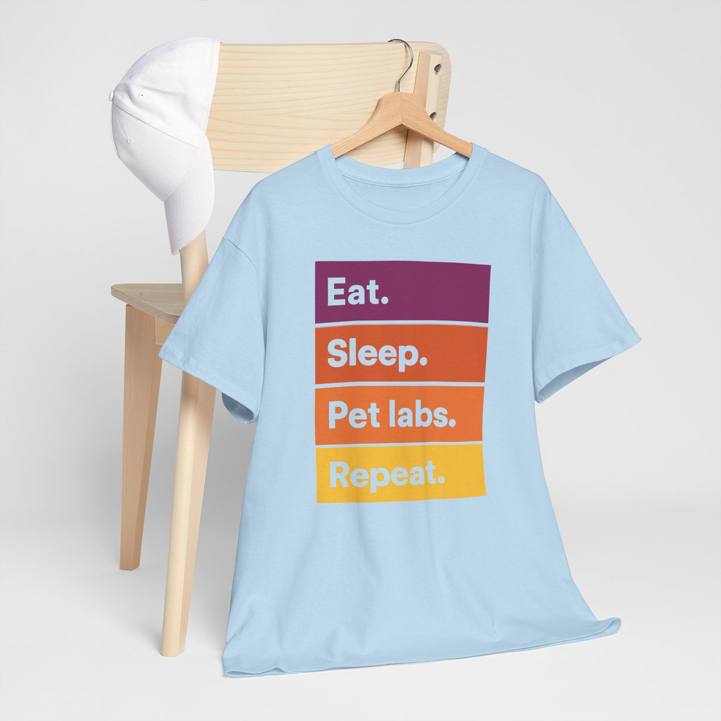 Color Block Unisex T-Shirt with Retro Sunset Colors and 'Eat Sleep Pet Labs Repeat' Text