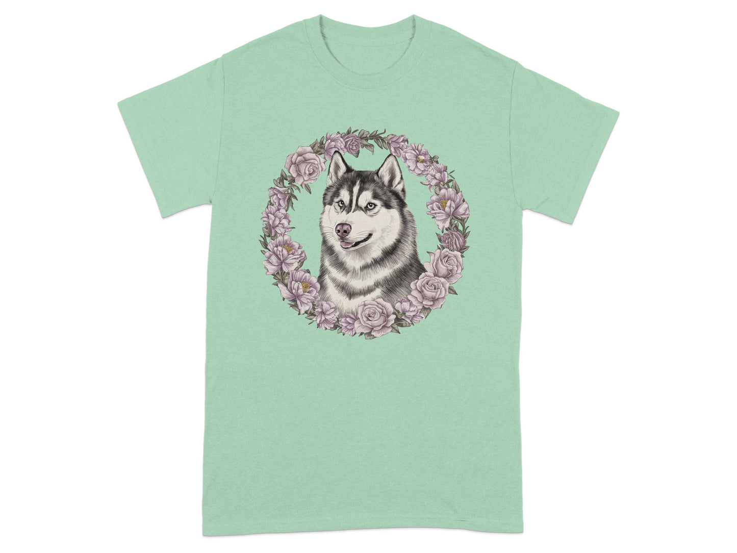 Husky Portrait with Floral Frame Printed T-Shirt product