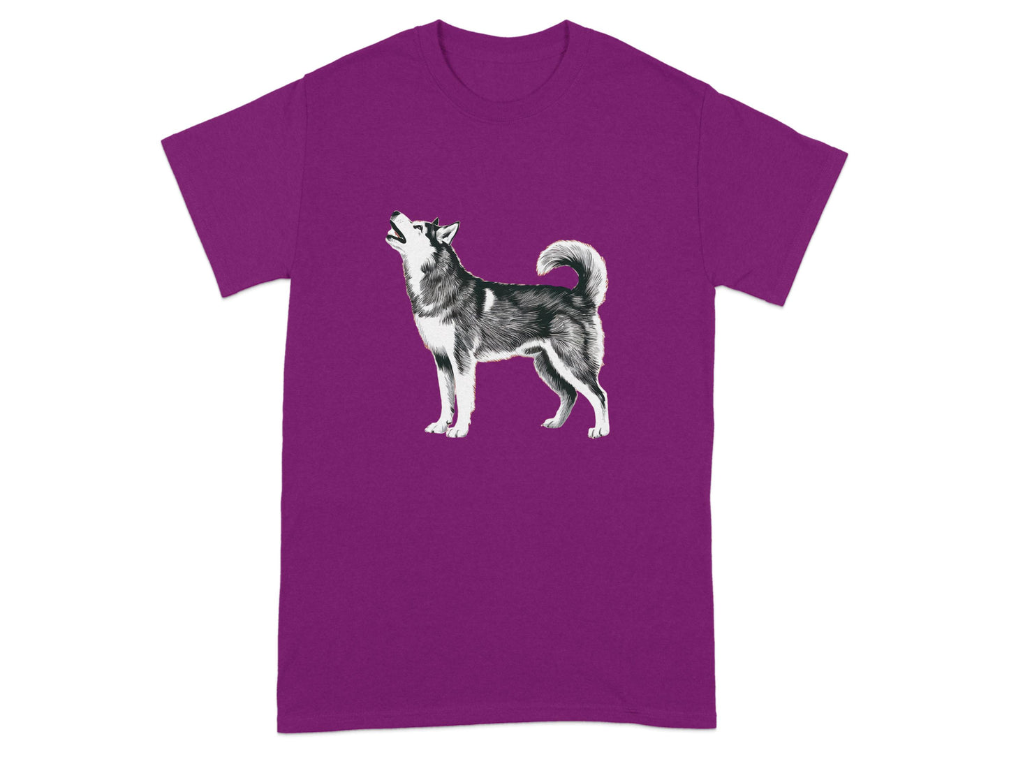 Vibrant purple t-shirt with husky dog graphic product