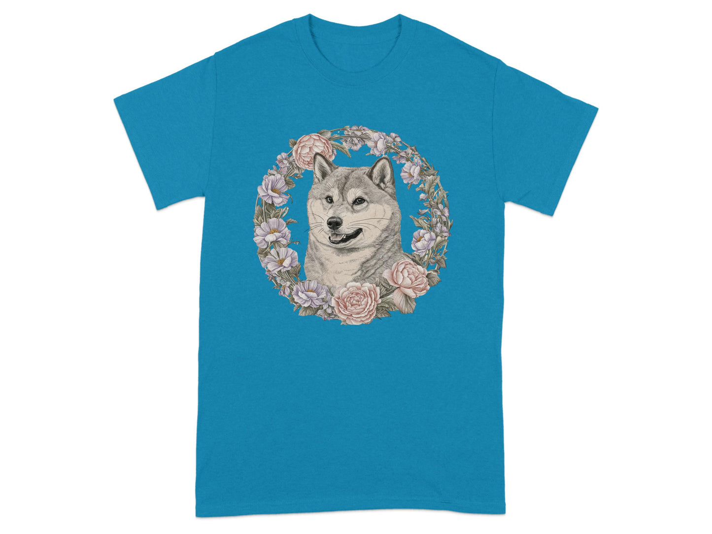 Adorable Husky Surrounded By Floral Wreath T-Shirt Product