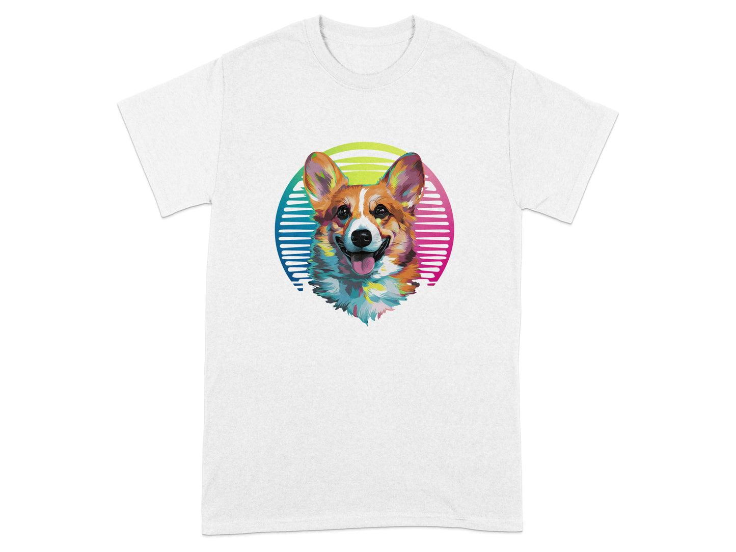 Colorful Corgi T-shirt with Striped Circle Design product type