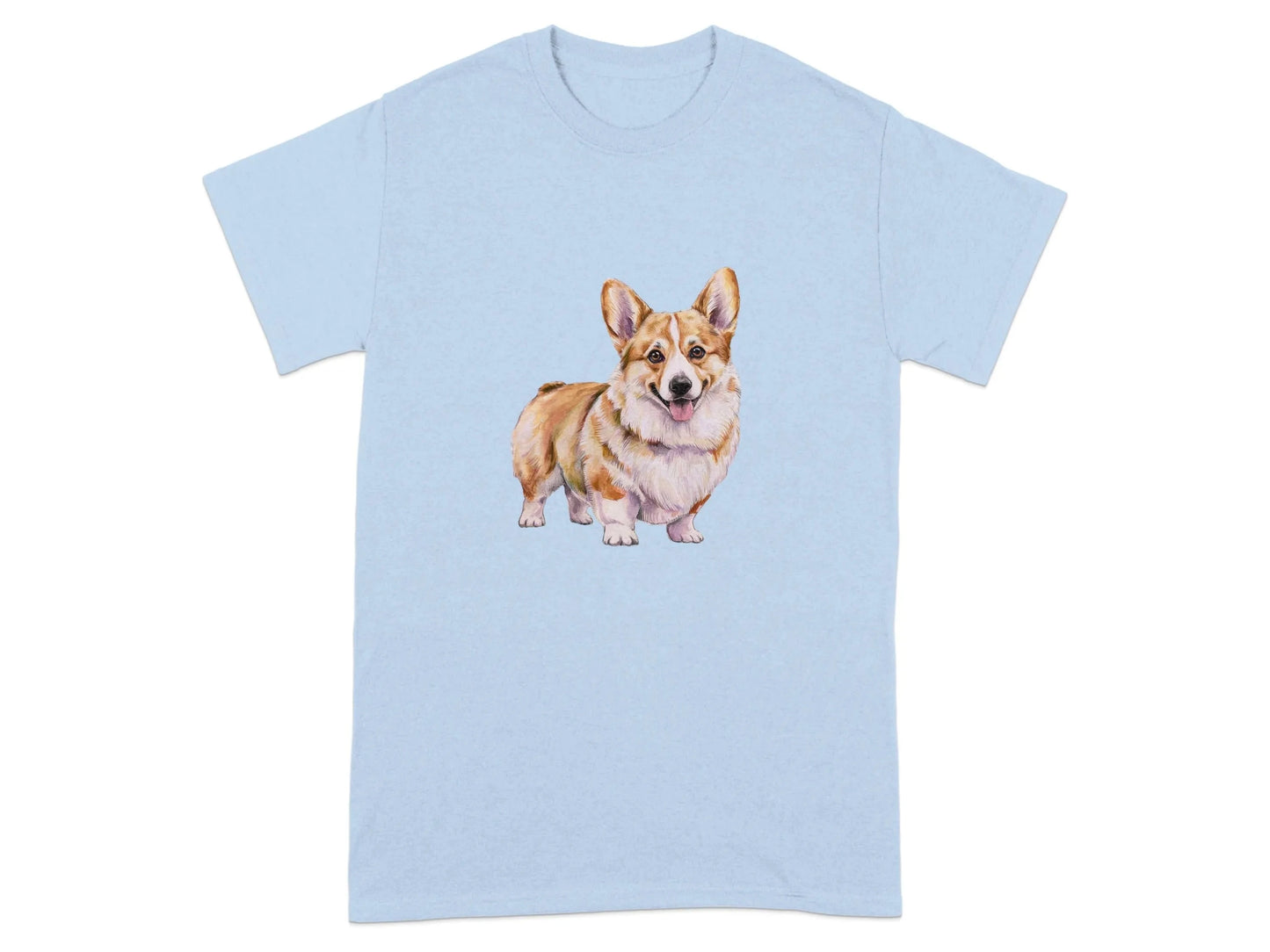 Adorable Corgi Dog Illustration Printed T-Shirts Light Blue T-shirt