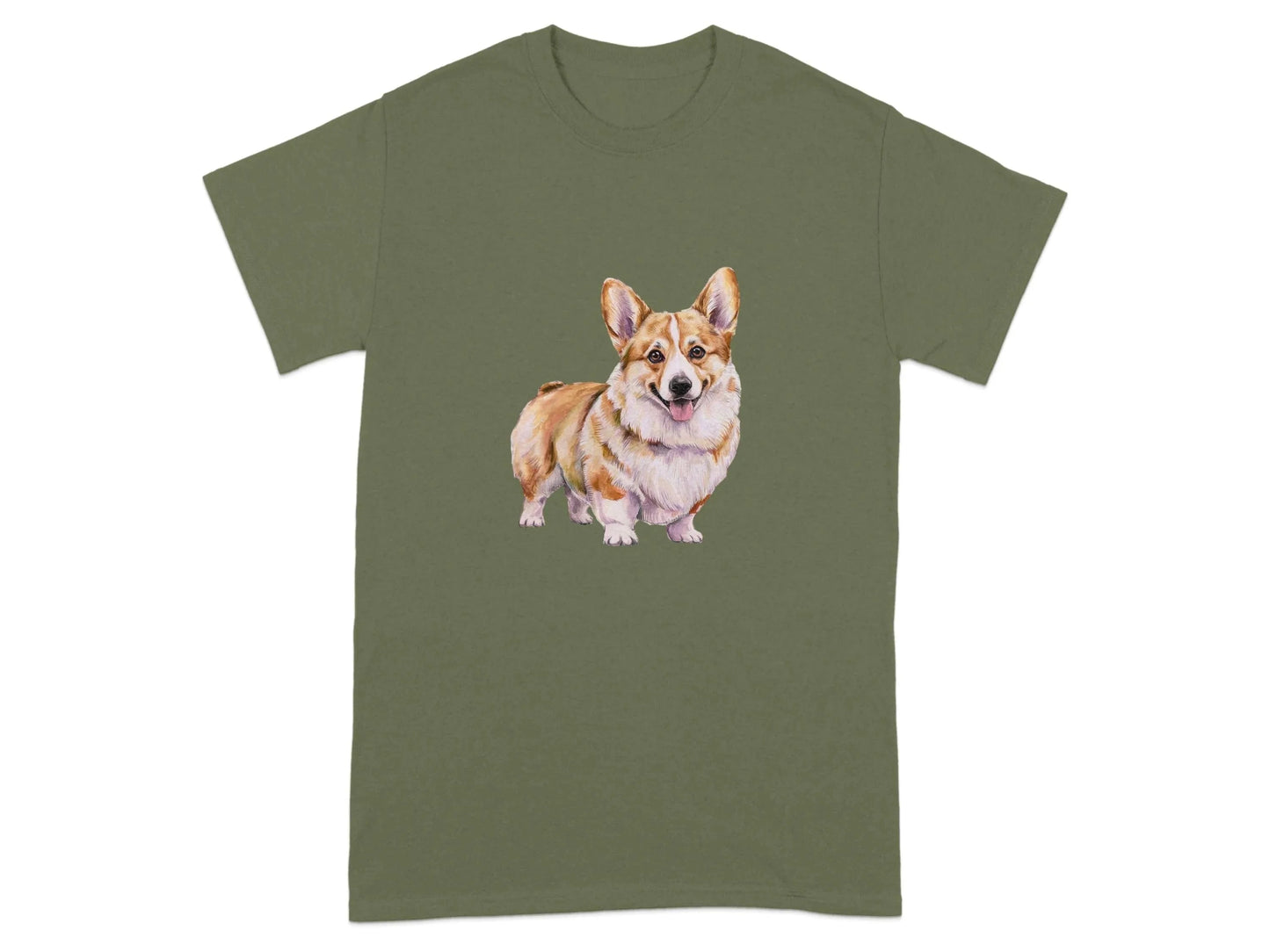 Adorable Corgi Dog Illustration Printed T-Shirts Military Green T-shirt