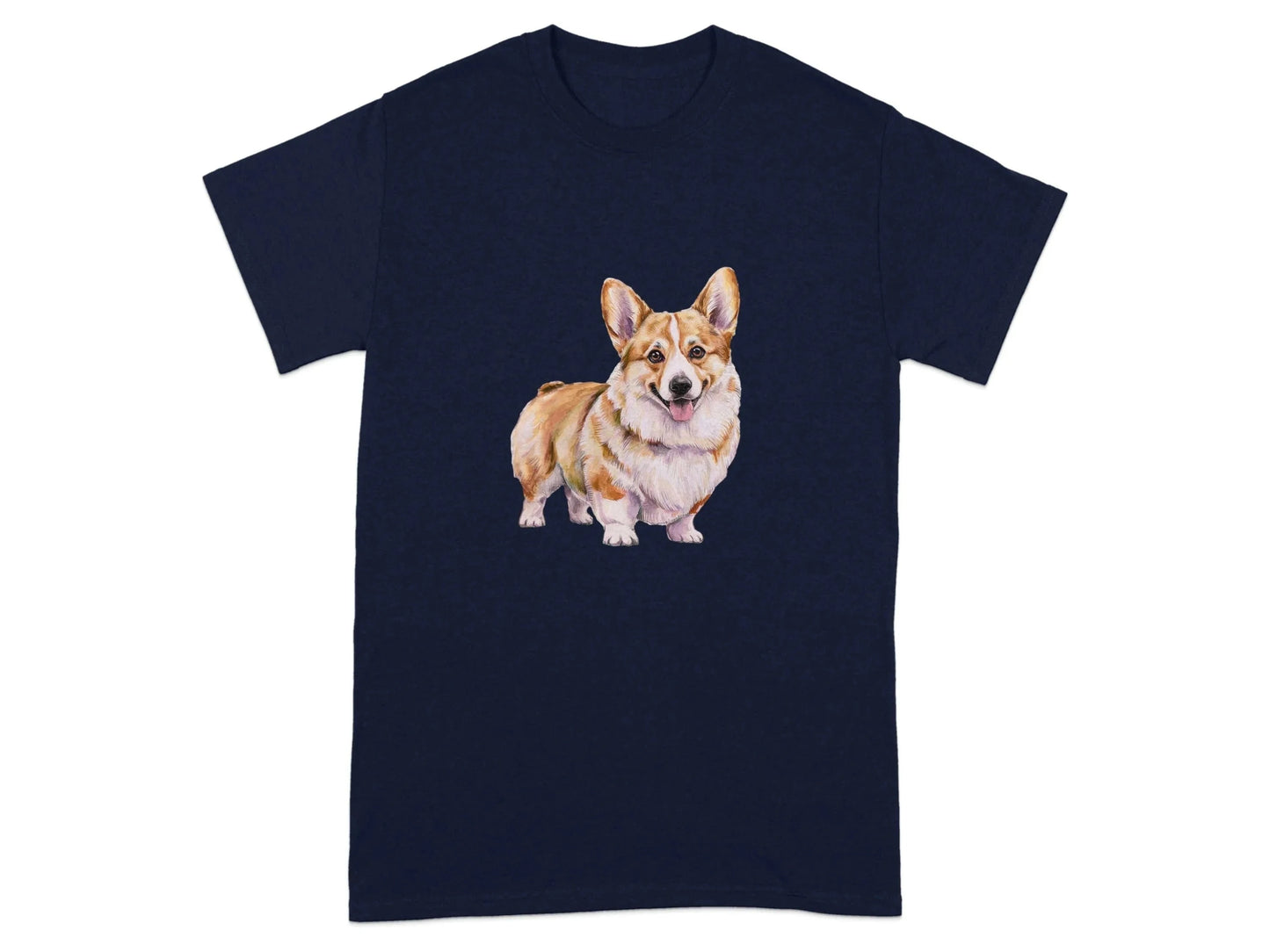 Adorable Corgi Dog Illustration Printed T-Shirts Navy Blue T-shirt