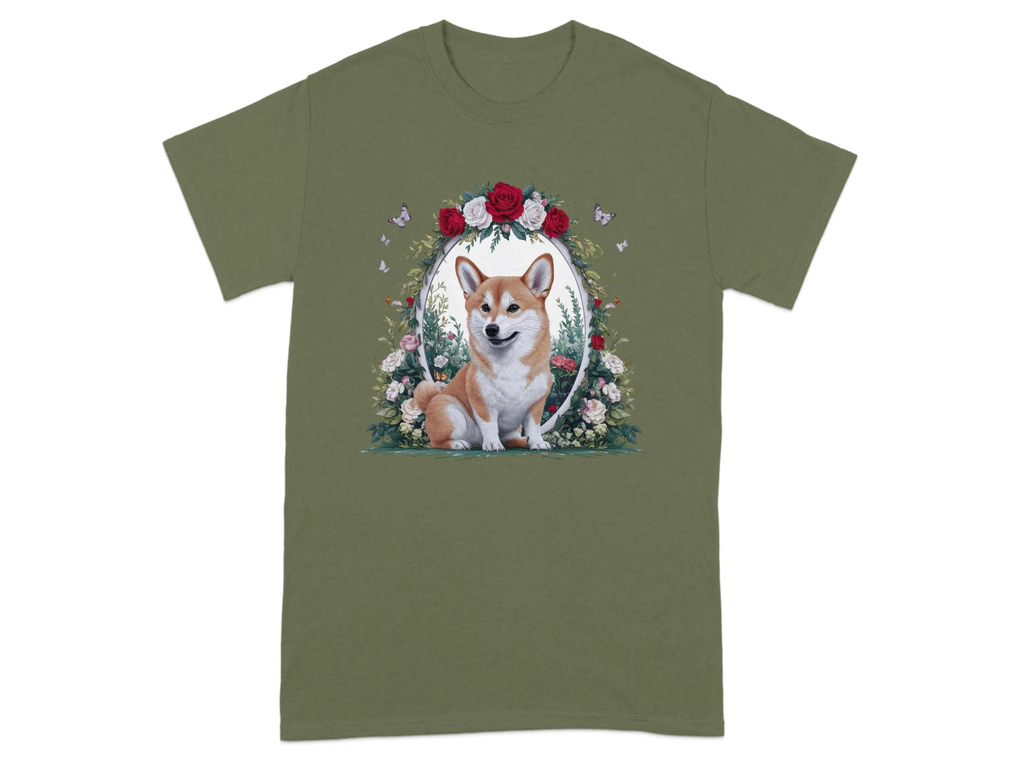 Adorable Corgi Surrounded by Flowers and Butterflies T-Shirts Military Green T-shirt