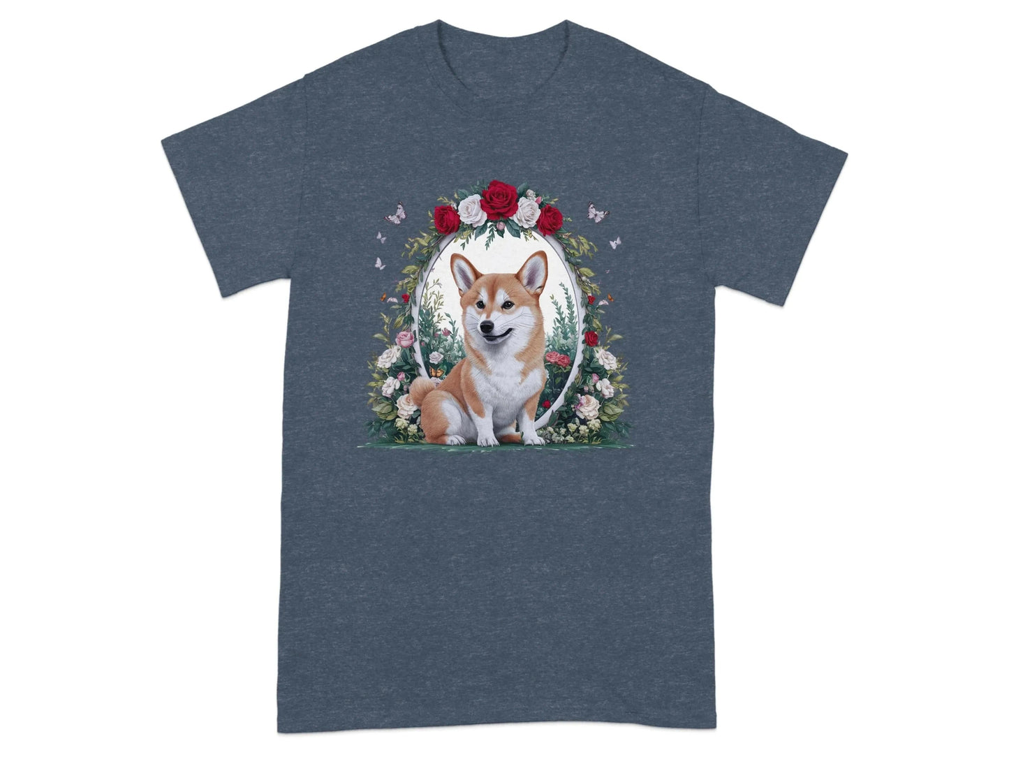 Adorable Corgi Surrounded by Flowers and Butterflies T-Shirts Heather Navy T-shirt