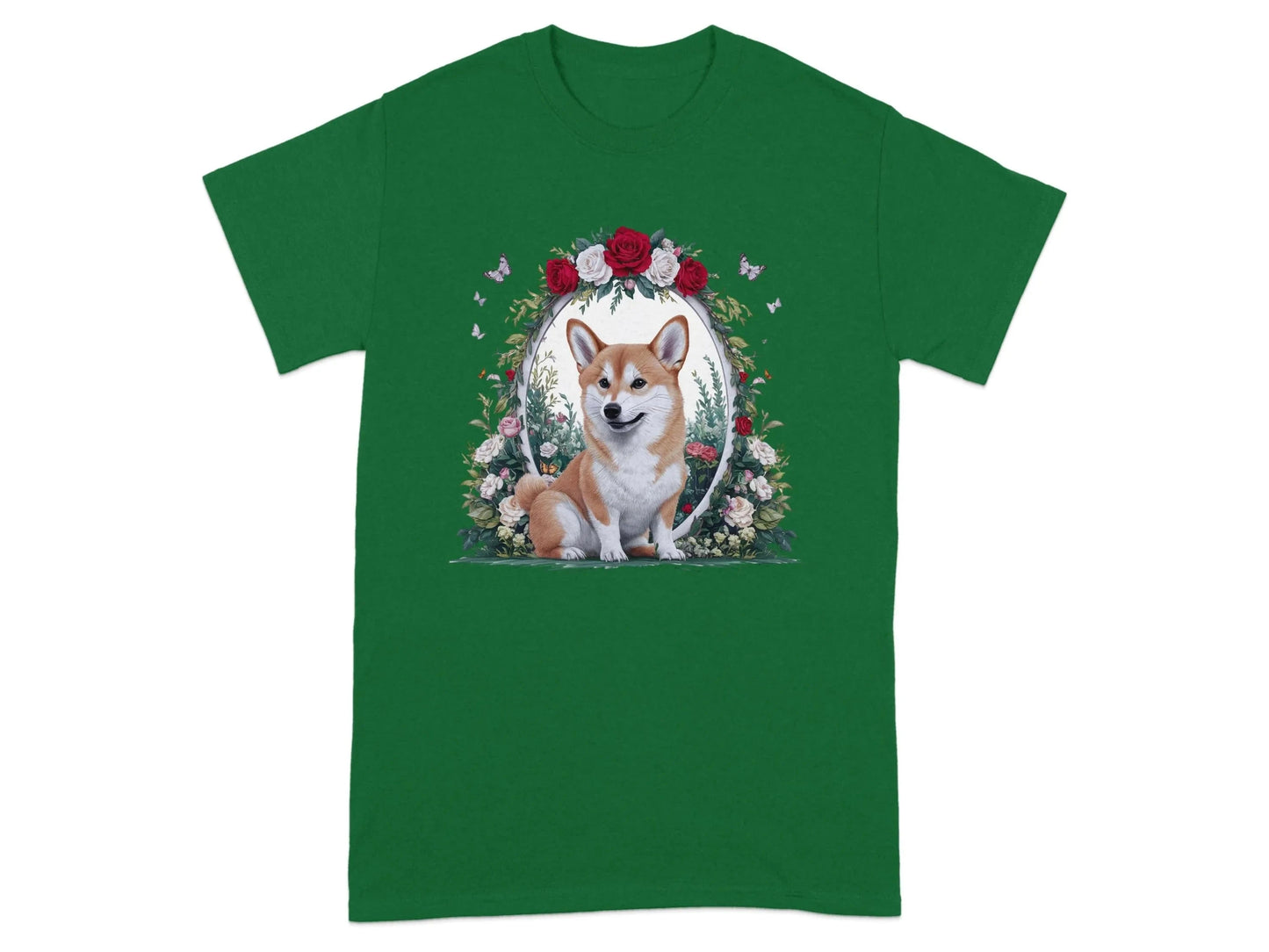 Adorable Corgi Surrounded by Flowers and Butterflies T-Shirts Turf Green T-shirt