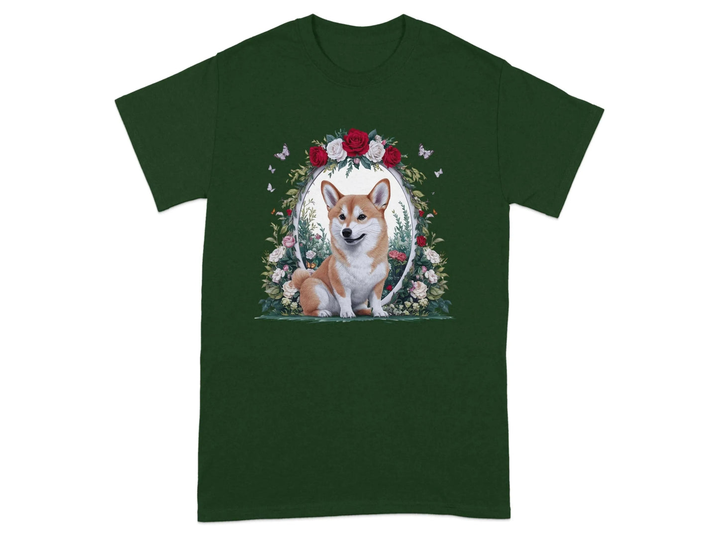 Adorable Corgi Surrounded by Flowers and Butterflies T-Shirts Forest Green T-shirt