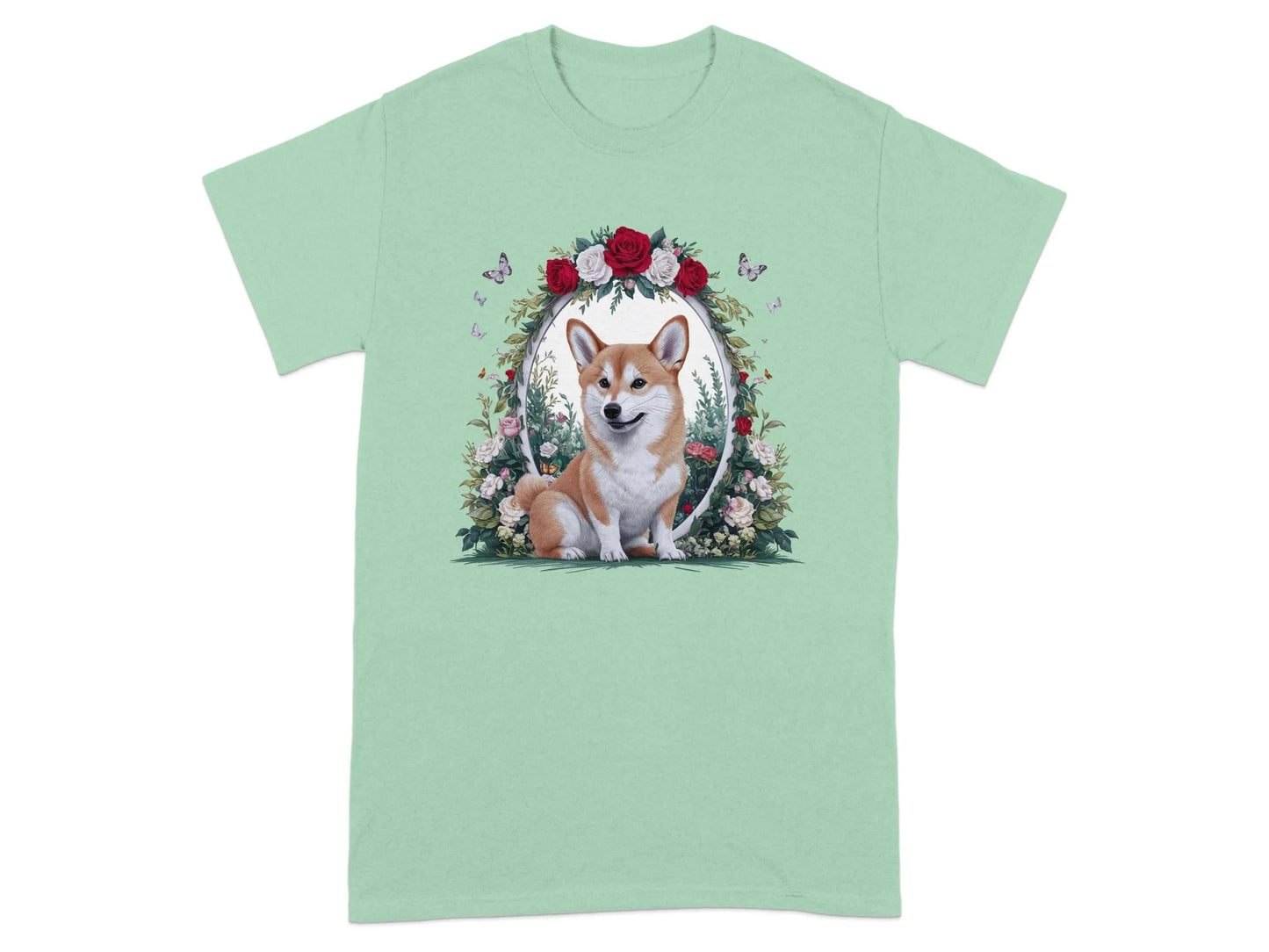 Adorable Corgi Surrounded by Flowers and Butterflies T-Shirts Mint Green T-shirt