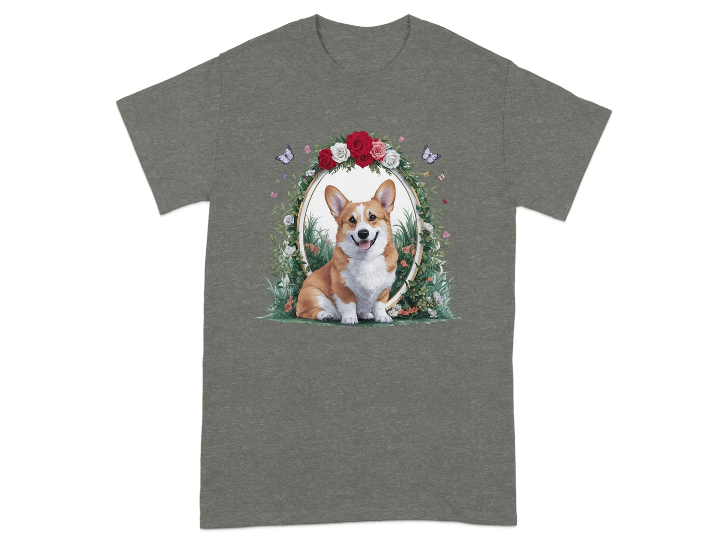 Adorable Corgi with Floral Frame Illustration T-Shirts Heather Military Green T-shirt