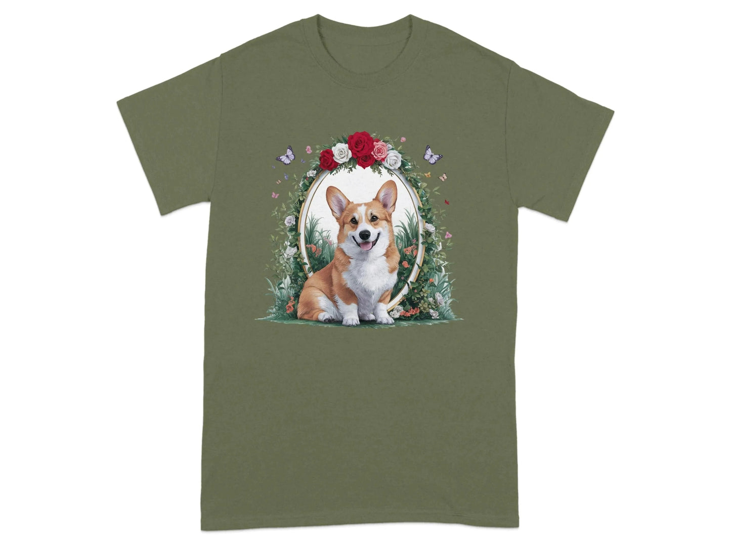 Adorable Corgi with Floral Frame Illustration T-Shirts Military Green T-shirt
