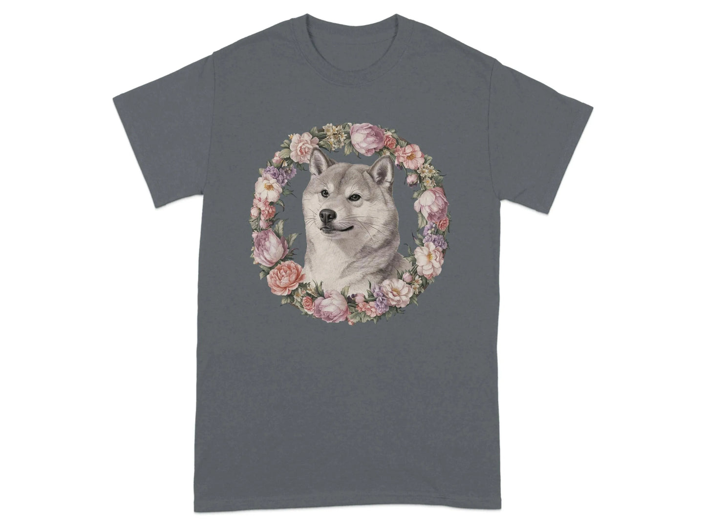 Adorable Shiba Inu with Floral Wreath T-Shirts Charcoal T-shirt