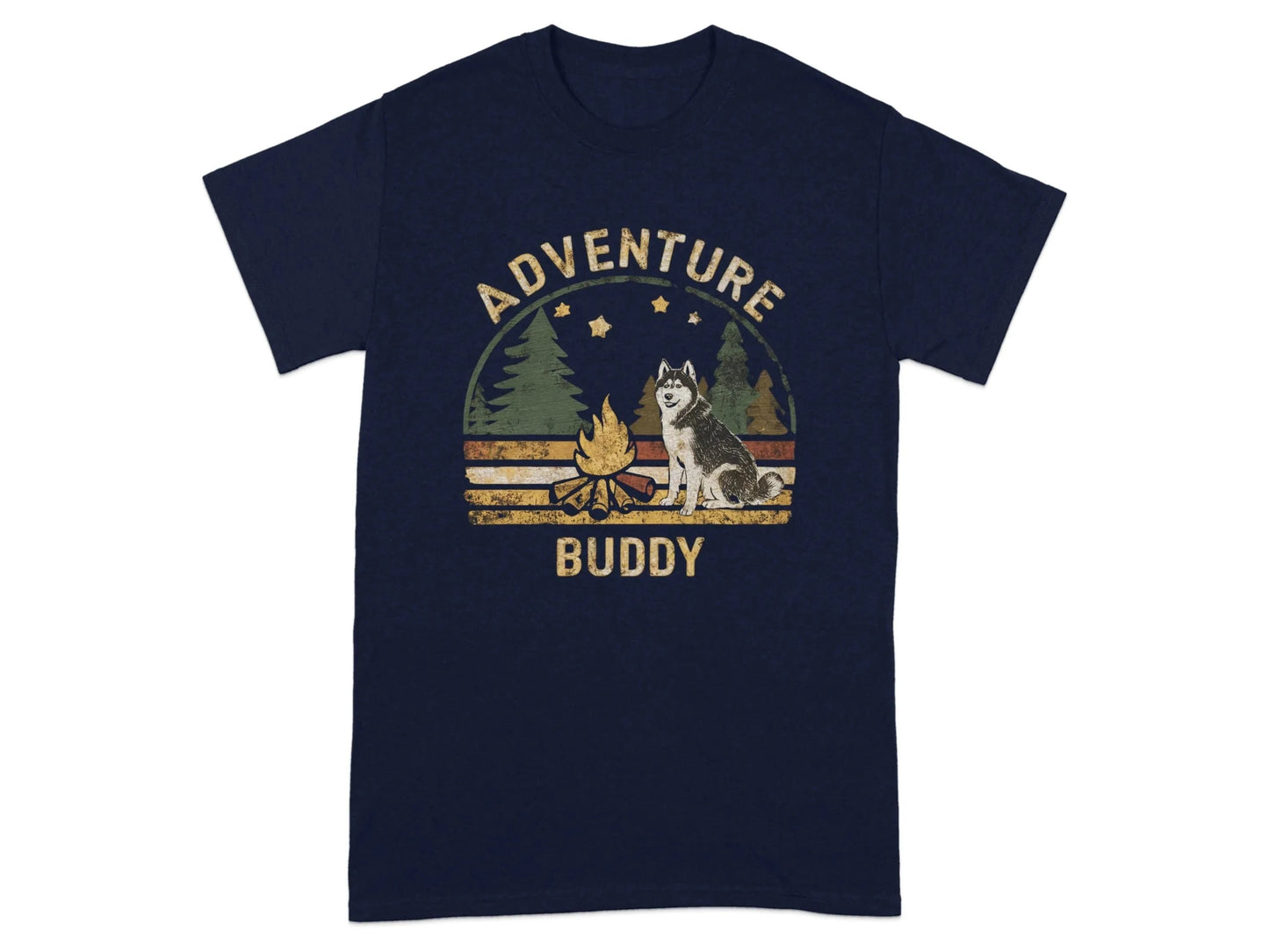 Adventure Buddy Camping Husky Dog T-Shirts Navy Blue T-shirt