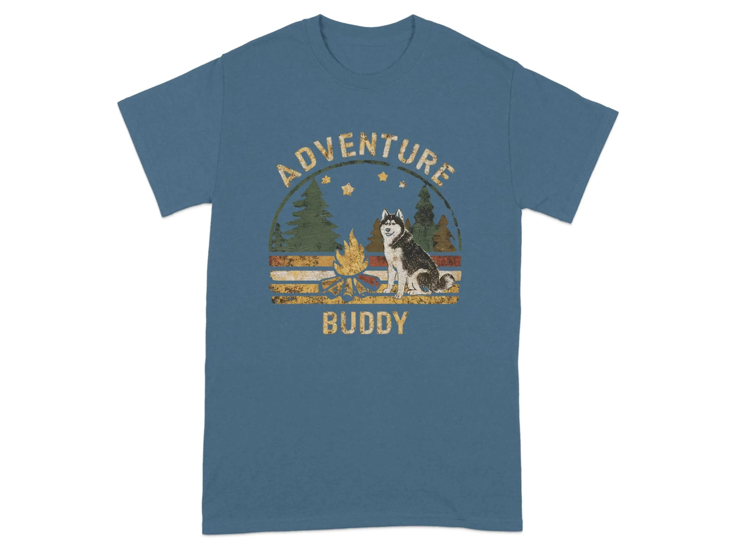 Adventure Buddy Camping Husky Dog T-Shirts Indigo Blue T-shirt