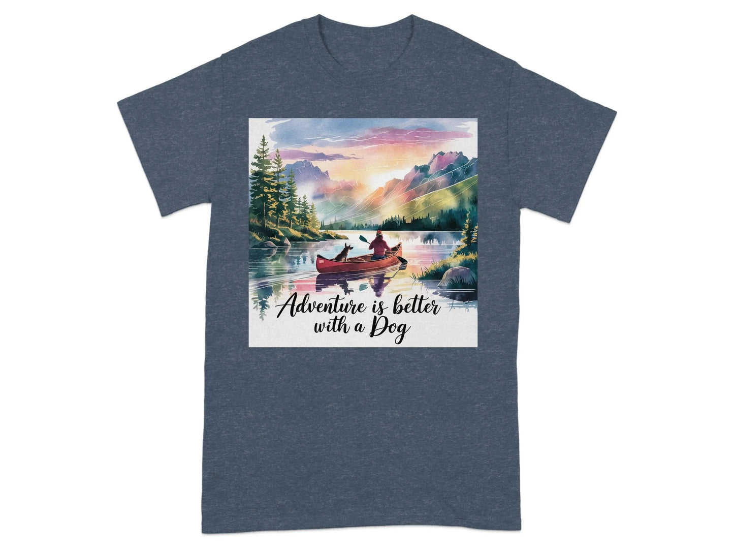 Adventure Is Better With a Dog Scenic Canoeing T-Shirts Heather Navy T-shirt