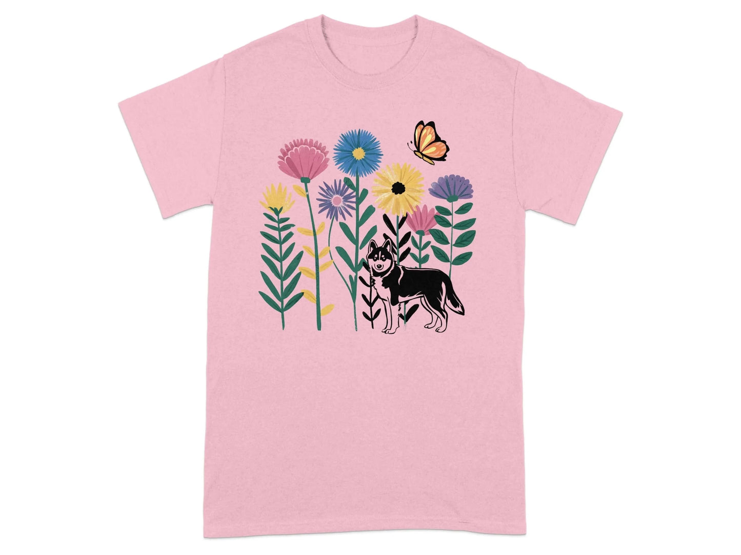 Beautiful Floral Design Dog and Butterfly T-Shirts Light Pink T-shirt