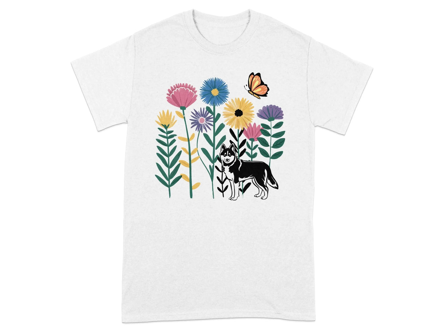 Beautiful Floral Design Dog and Butterfly T-Shirts White T-shirt