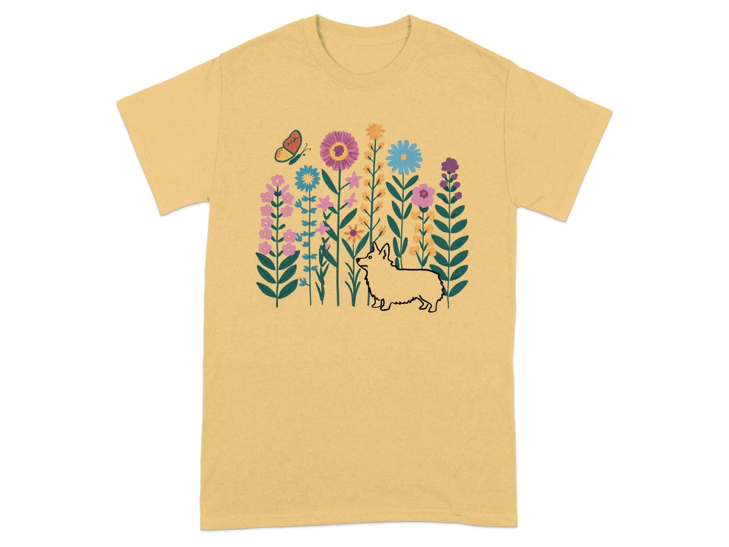 Bright Floral Garden with Corgi and Butterfly T-Shirts Yellow Haze T-shirt