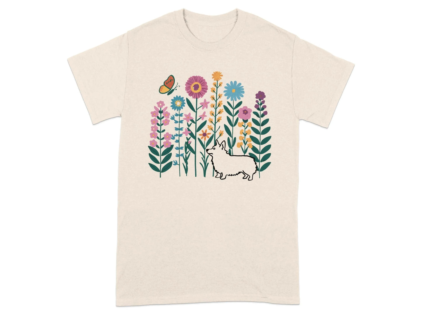 Bright Floral Garden with Corgi and Butterfly T-Shirts Natural T-shirt
