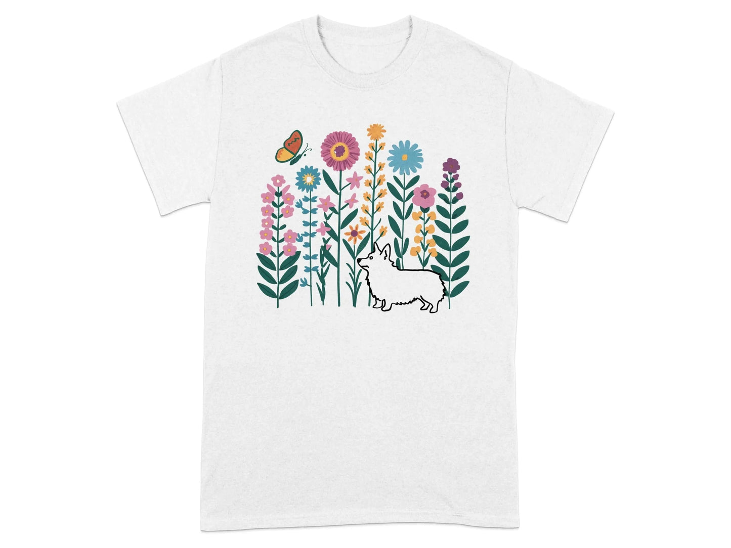 Bright Floral Garden with Corgi and Butterfly T-Shirts White T-shirt