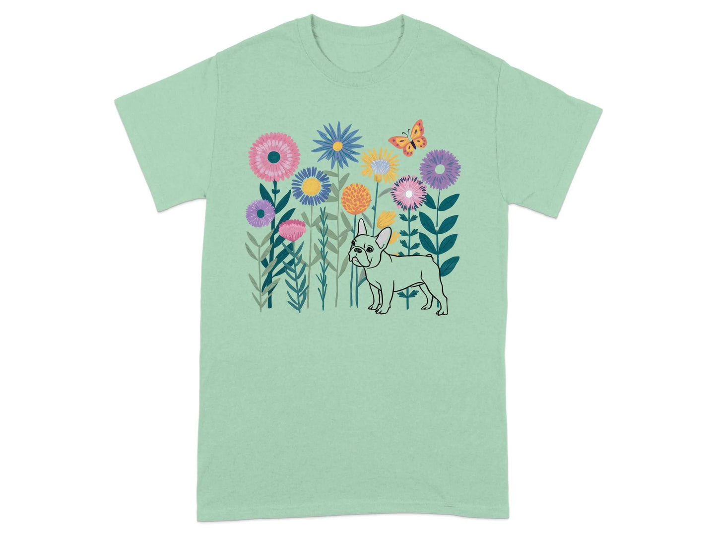 Colorful Flowers and French Bulldog T-Shirts Mint Green T-shirt