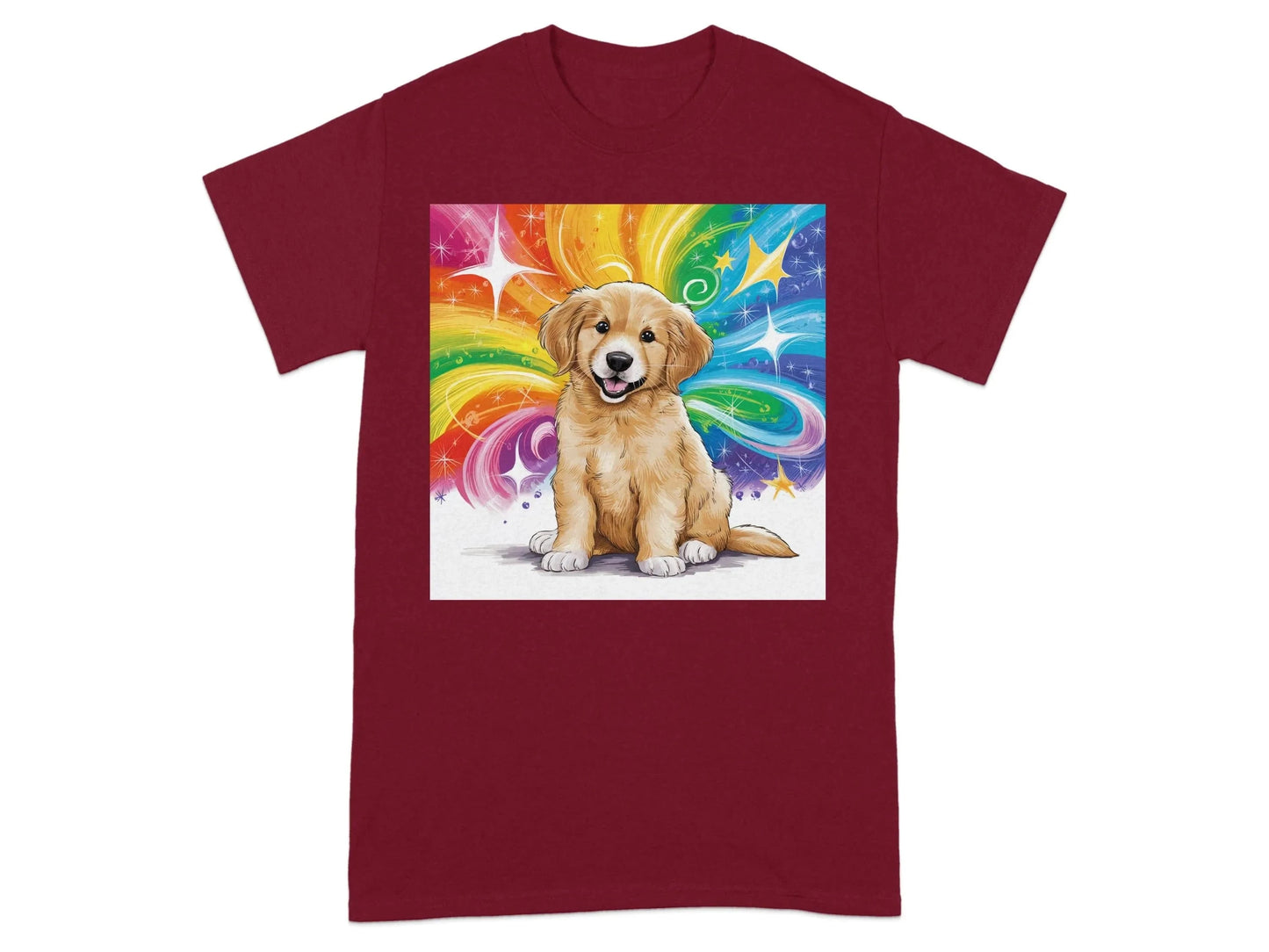 Colorful Rainbow Starburst Golden Retriever Puppy T-Shirts Cardinal Red T-shirt