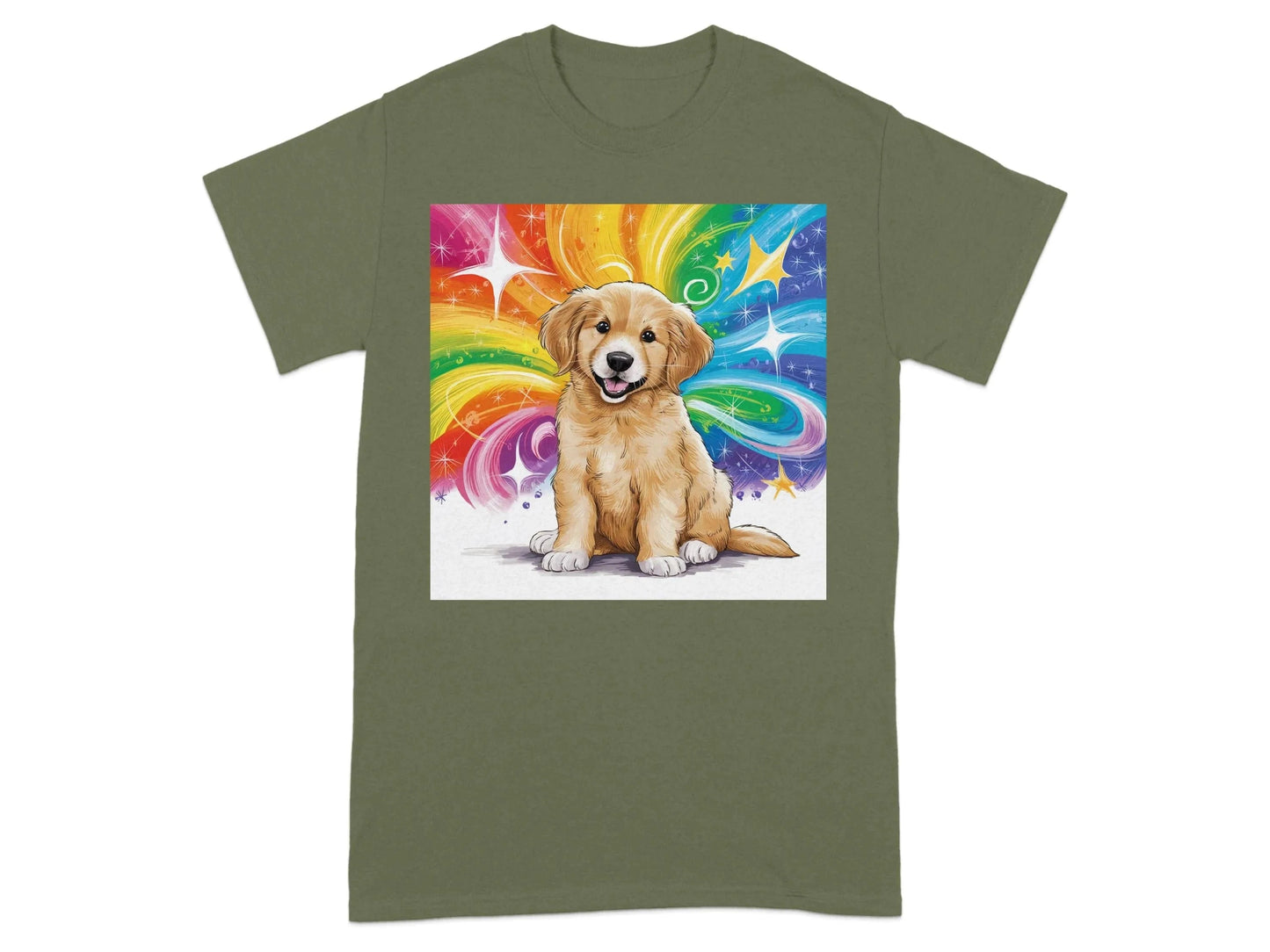 Colorful Rainbow Starburst Golden Retriever Puppy T-Shirts Military Green T-shirt