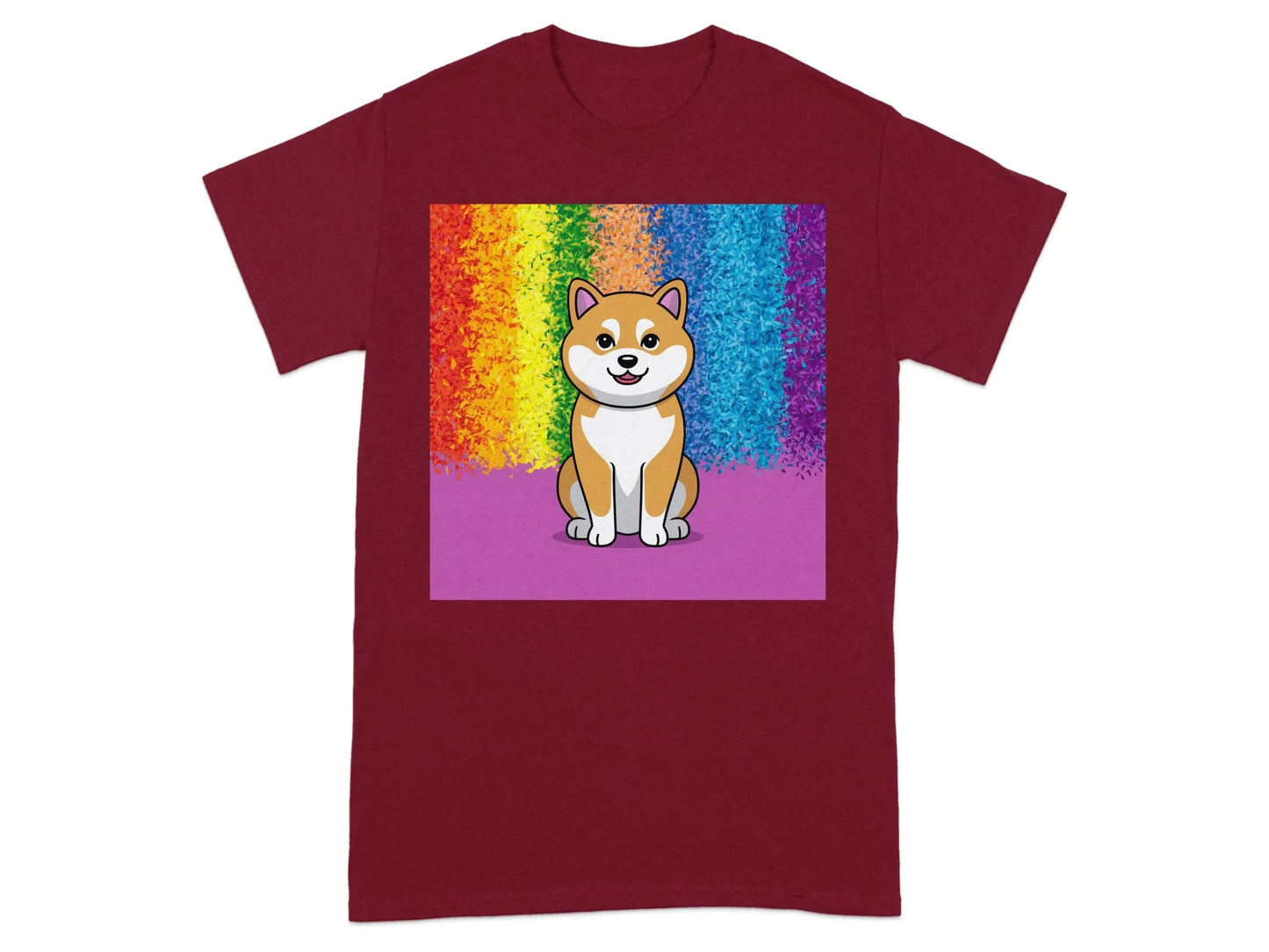 Colorful Shiba Inu With Rainbow Confetti Background T-Shirts Cardinal Red T-shirt