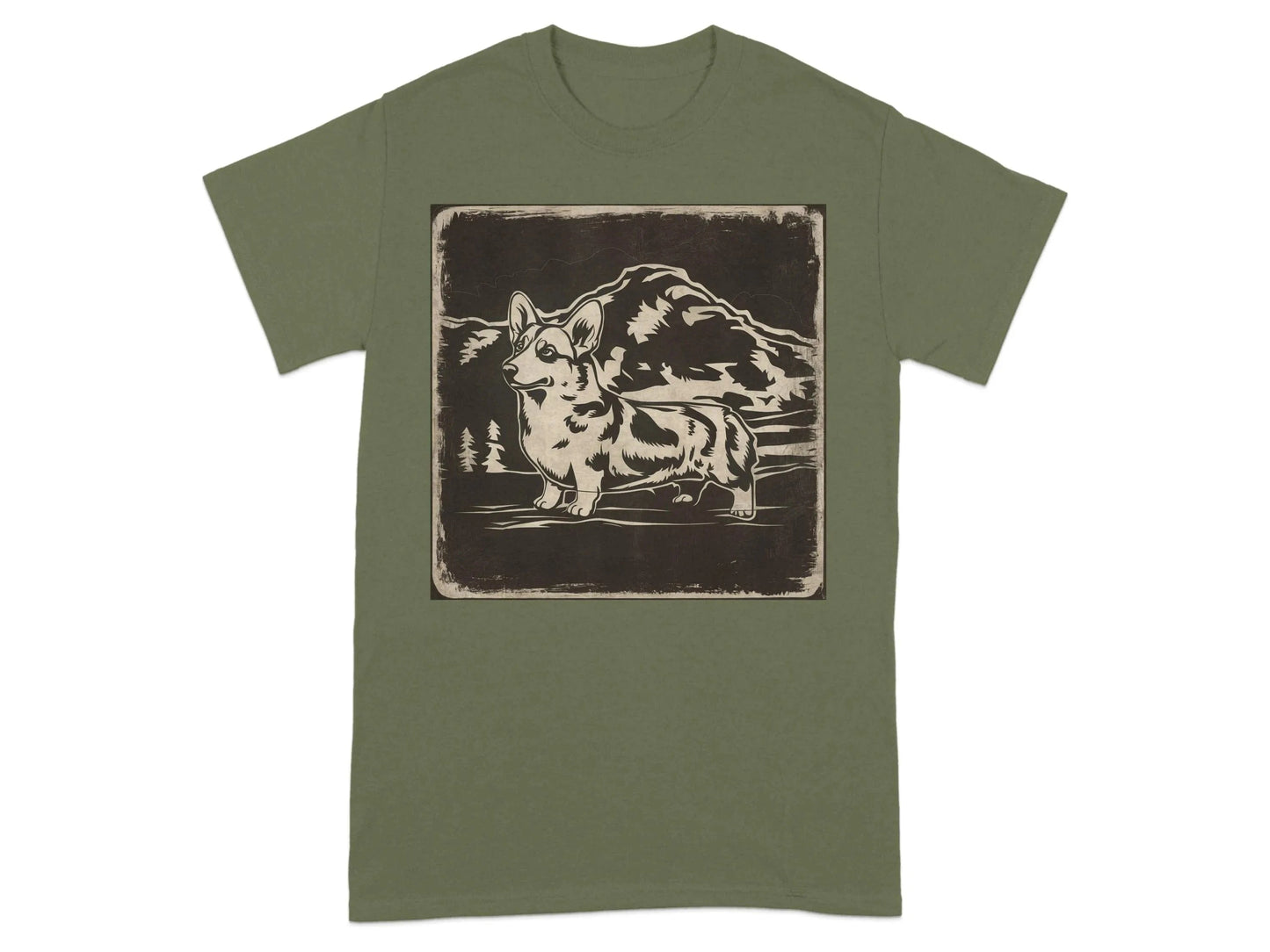 Corgi Dog Design Artwork Large Mountain Scene T-Shirts Military Green T-shirt