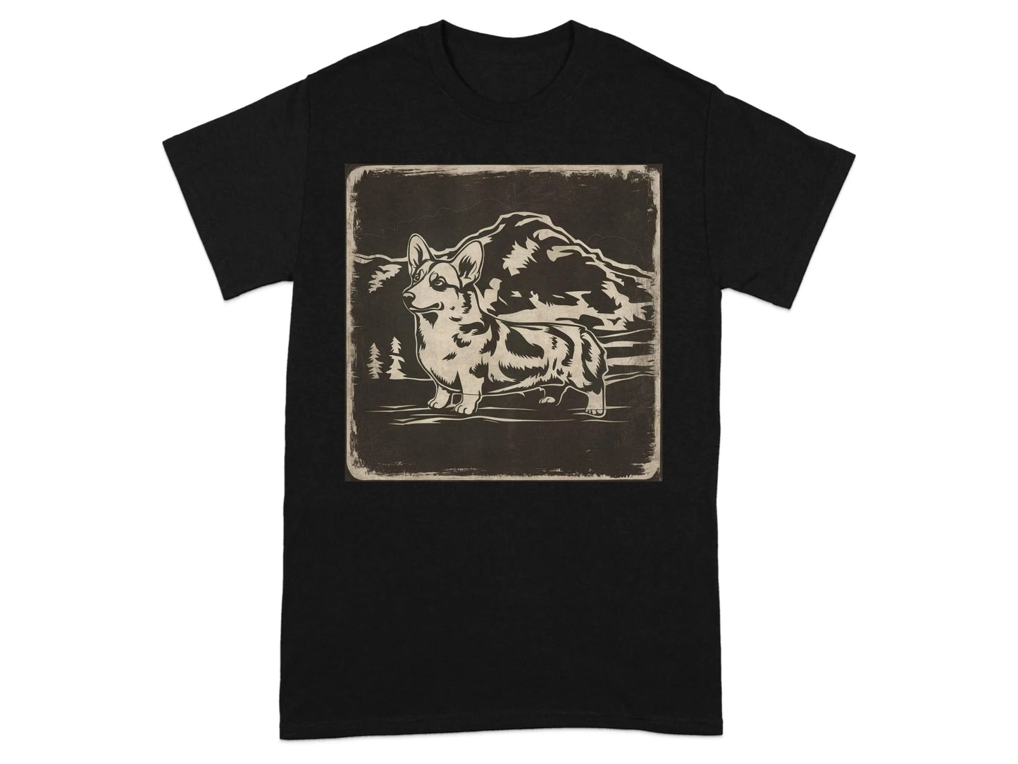 Corgi Dog Design Artwork Large Mountain Scene T-Shirts Black T-shirt