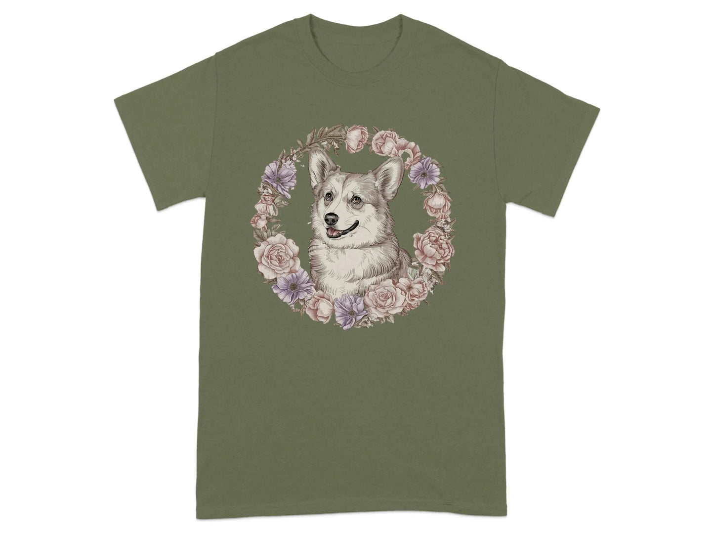 Corgi Surrounded By Flowers T-Shirts Military Green T-shirt