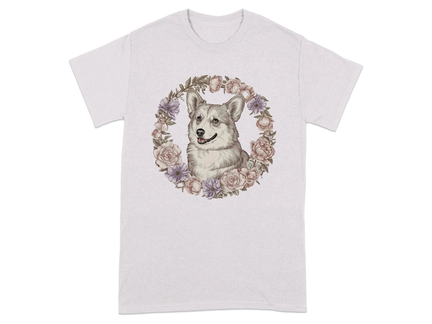 Corgi Surrounded By Flowers T-Shirts Ice Grey T-shirt