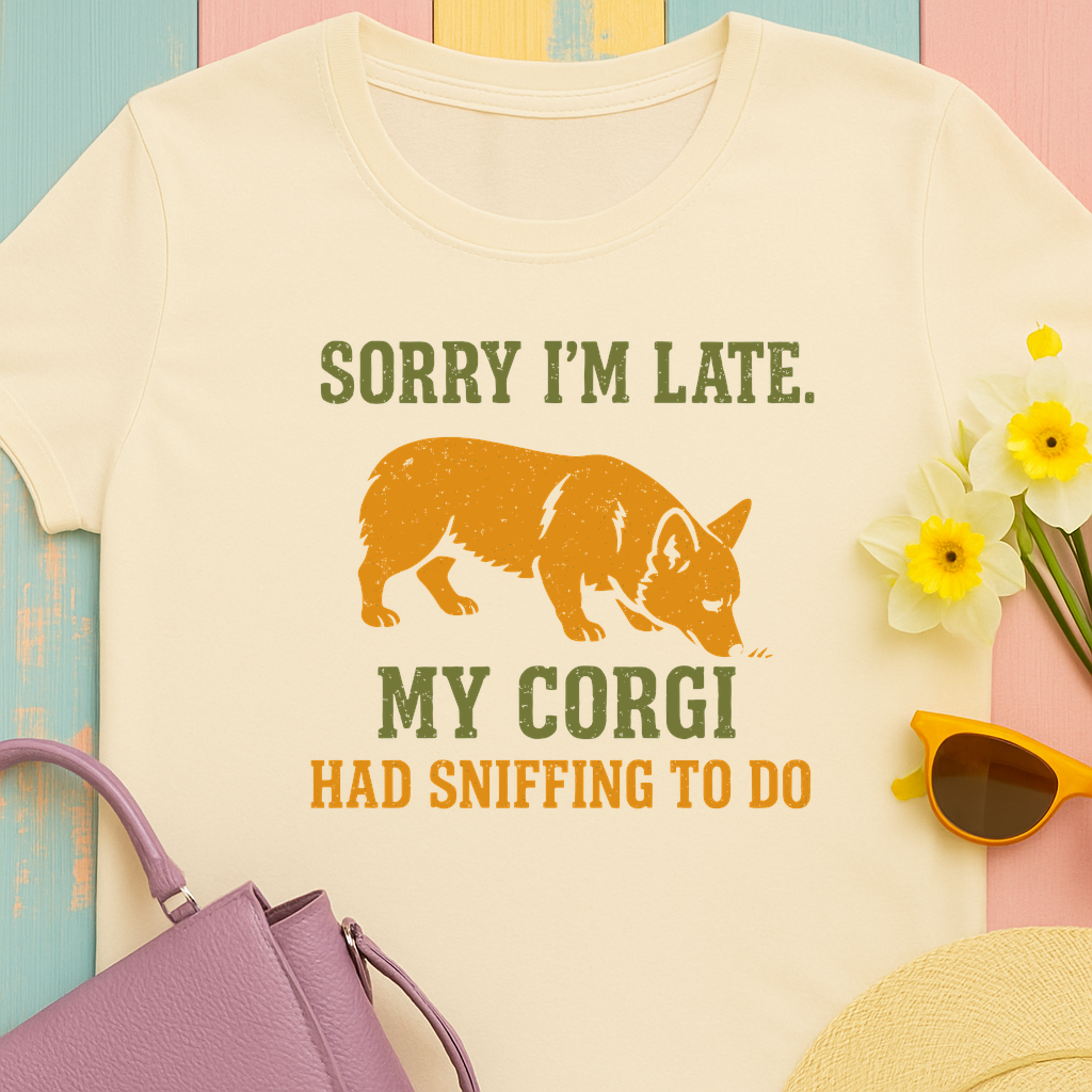 Corgi "Sorry I'm late, my corgi had sniffing to do" T-shirt