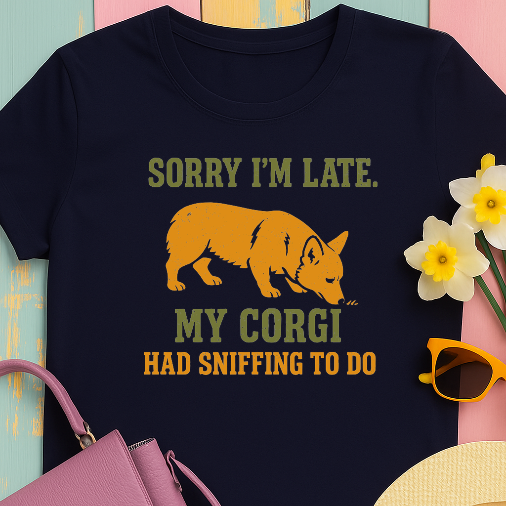 Corgi "Sorry I'm late, my corgi had sniffing to do" T-shirt