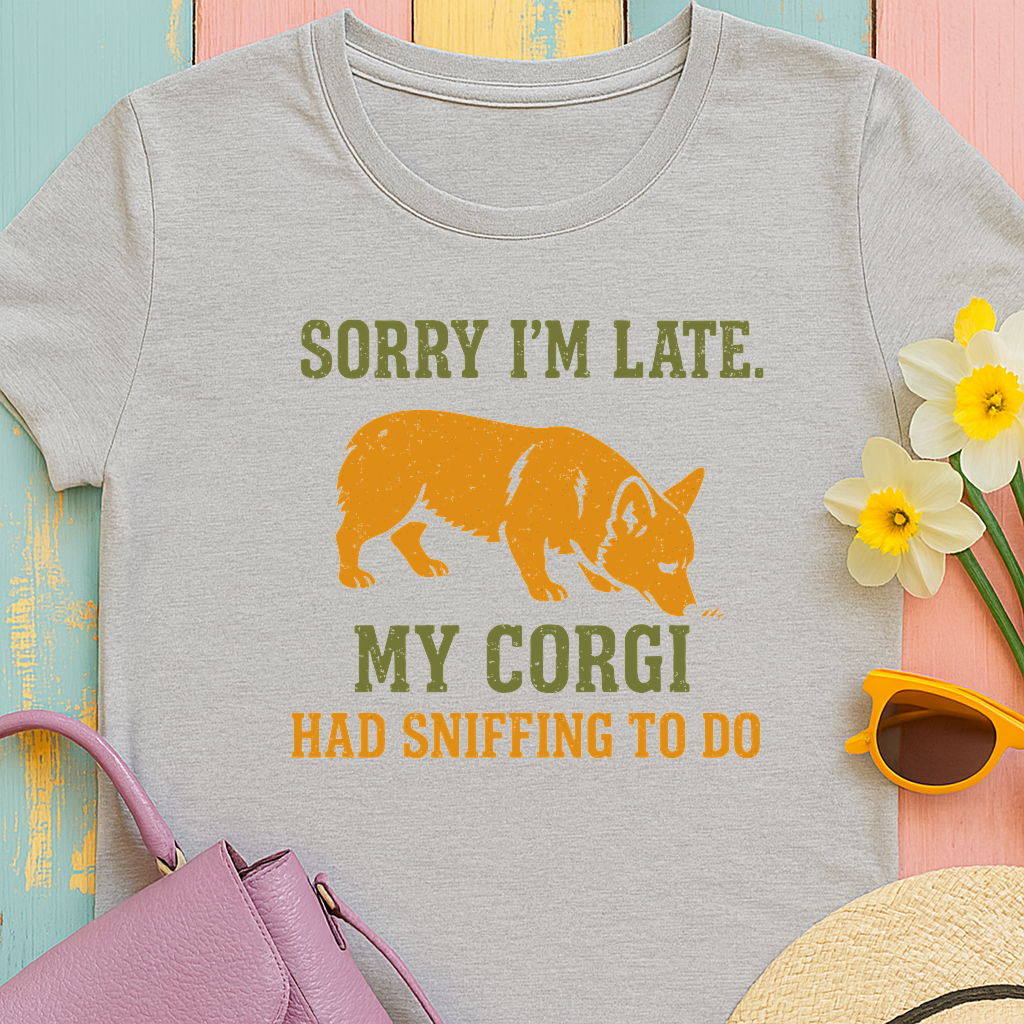 Corgi "Sorry I'm late, my corgi had sniffing to do" T-shirt