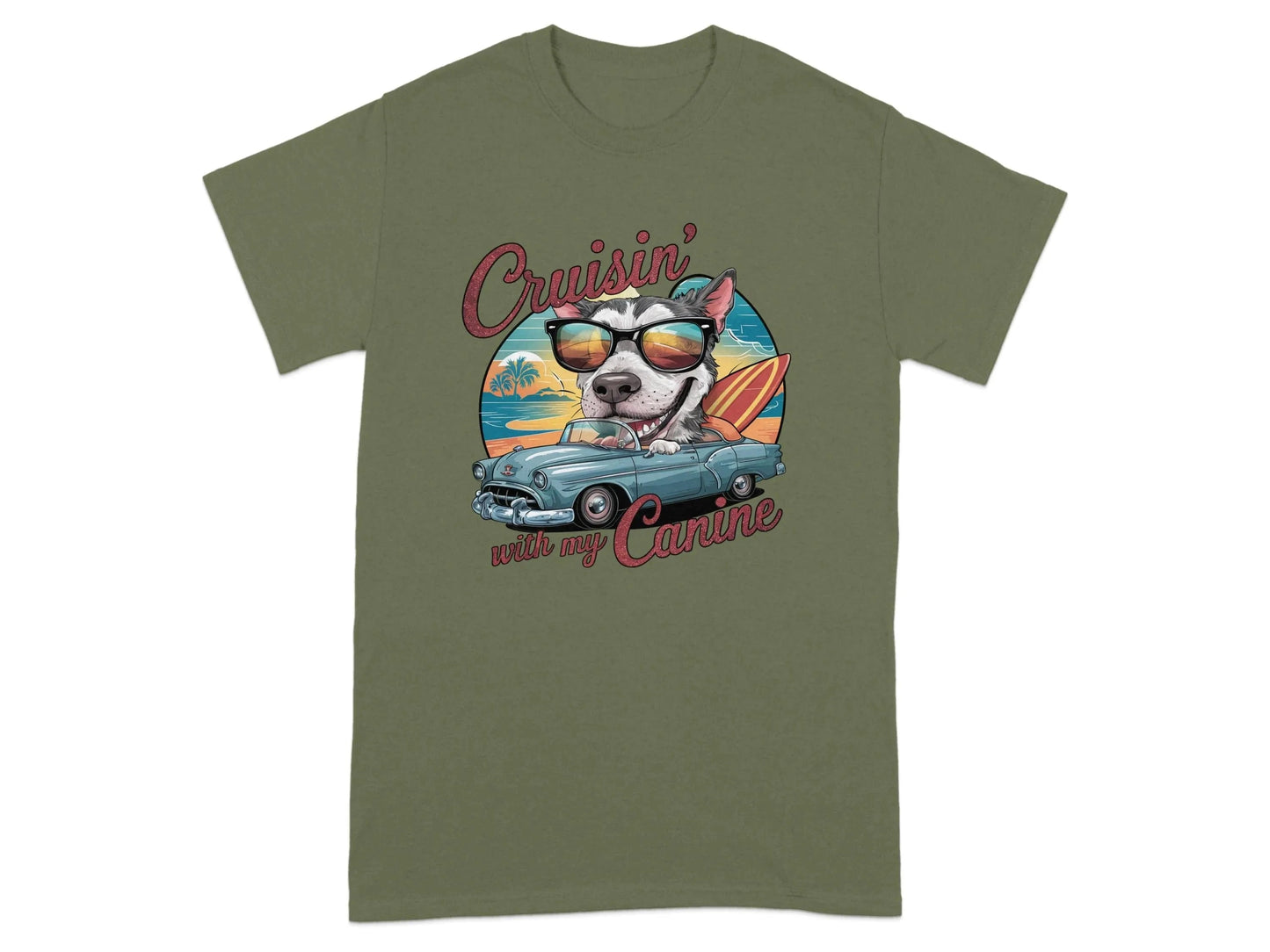 Cruisin with My Canine Cool Vintage Style T-Shirts Military Green T-shirt