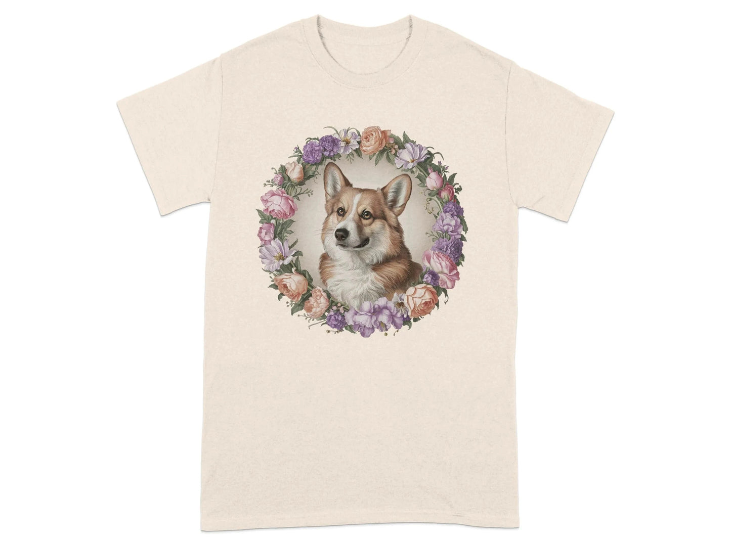Floral Corgi with Elegant Flowers T-Shirts Natural T-shirt